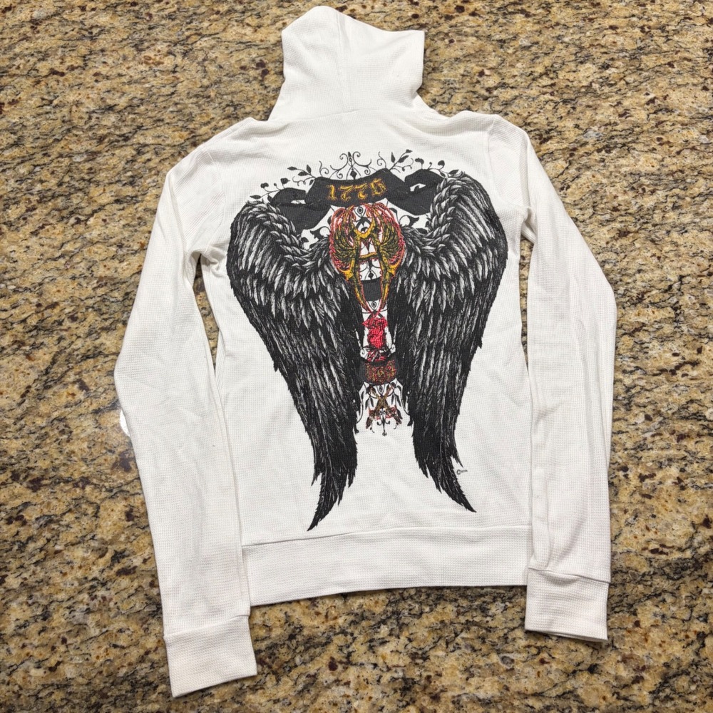 Women White Thermal Waffle Knit Wing Graphic Hoodie 1776 Y2K S ws